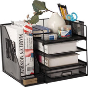 Organizzatore per ufficio, contenitore per buste con cassetto per documenti, 4 livelli di pannelli per ufficio con cassetto e porta matite, organizzatore per ufficio a rete e accessori con cassetto per riviste (nero)