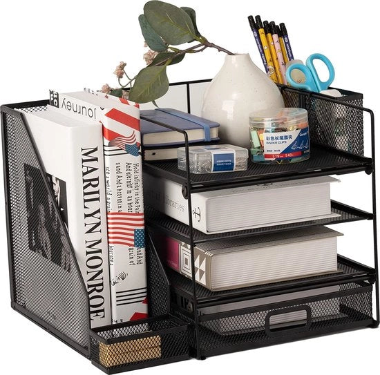 Organizzatore per ufficio, contenitore per buste con cassetto per documenti, 4 livelli di pannelli per ufficio con cassetto e porta matite, organizzatore per ufficio a rete e accessori con cassetto per riviste (nero)