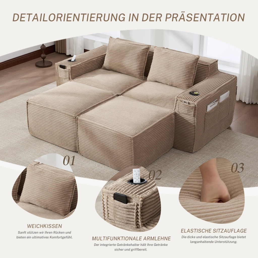 DIVANO modulare 2 posti 188x162x75 cm in corduroy khaki con 2 pouf