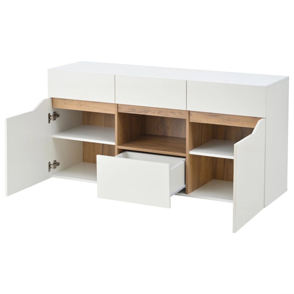 Sideboard soggiorno 140 x 40 x 70 cm con 4 cassetti, 2 ante, LED smart, finitura bianco e legno