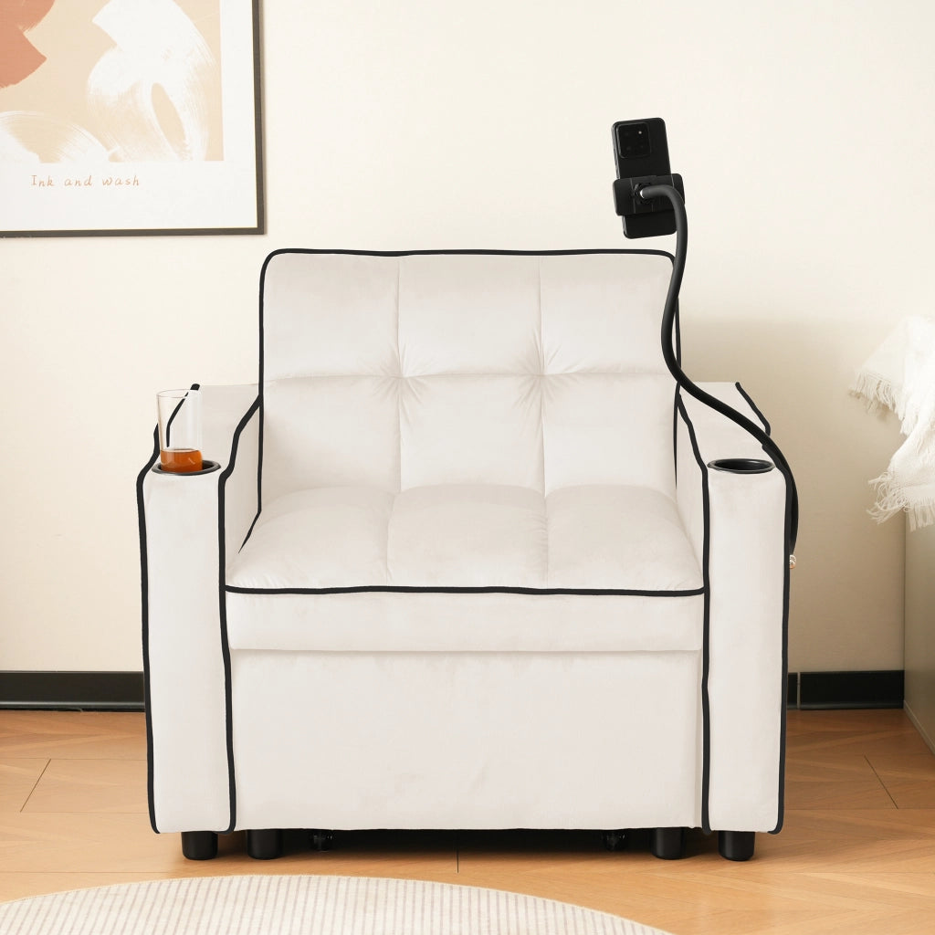 OKWISH Poltrona Letto Convertibile 3 in 1 con Schienale Regolabile Portabicchieri Supporto per Telefono Tasca Laterale Velluto Beige