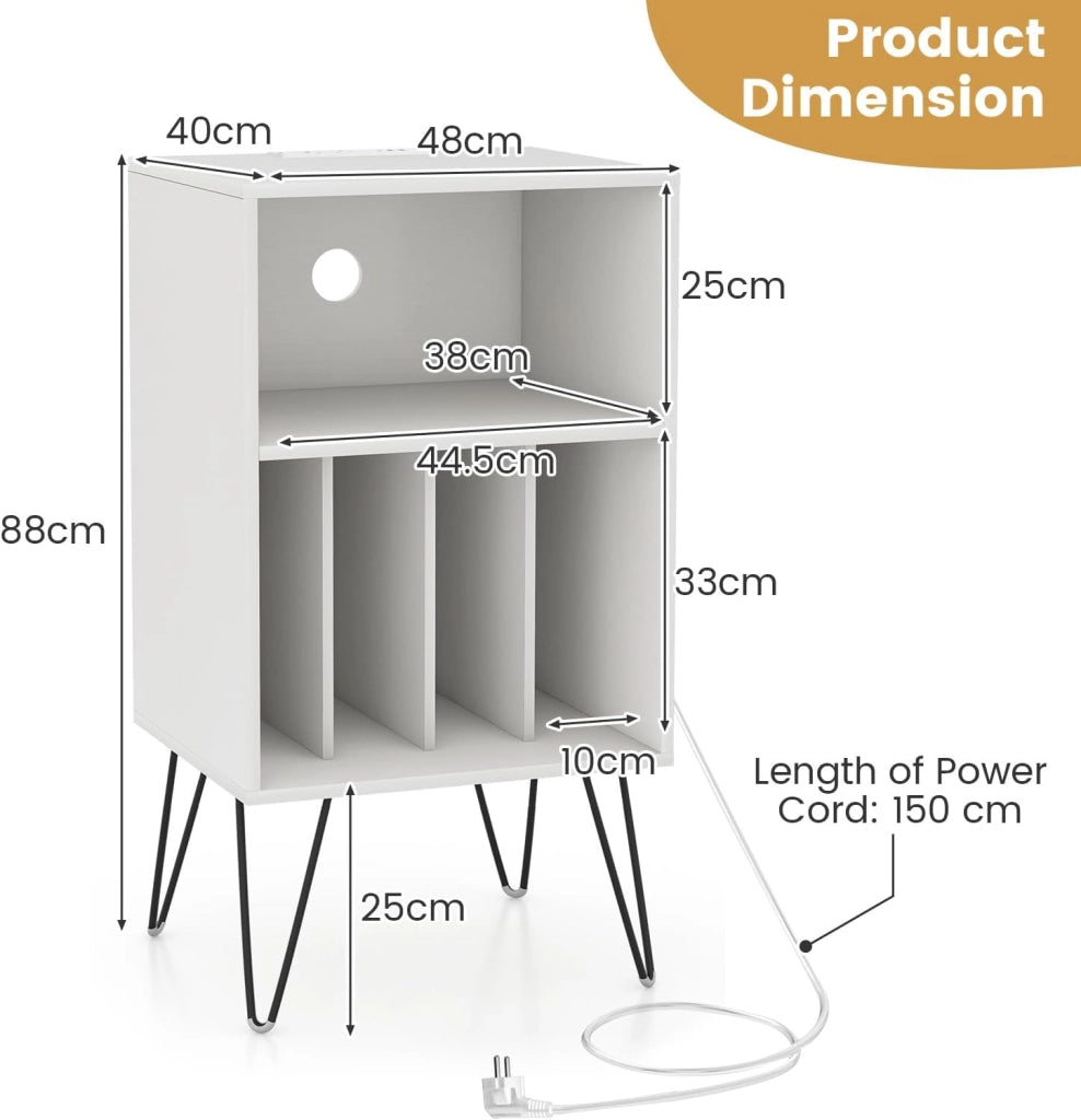 Supporto per Giradischi in Vinile con Stazione di Ricarica, 5 Scomparti, Espositore per Dischi con Gambe in Metallo, Mobile Giradischi Capacità di Carico 50kg, 48 x 40 x 88 cm (Bianco)