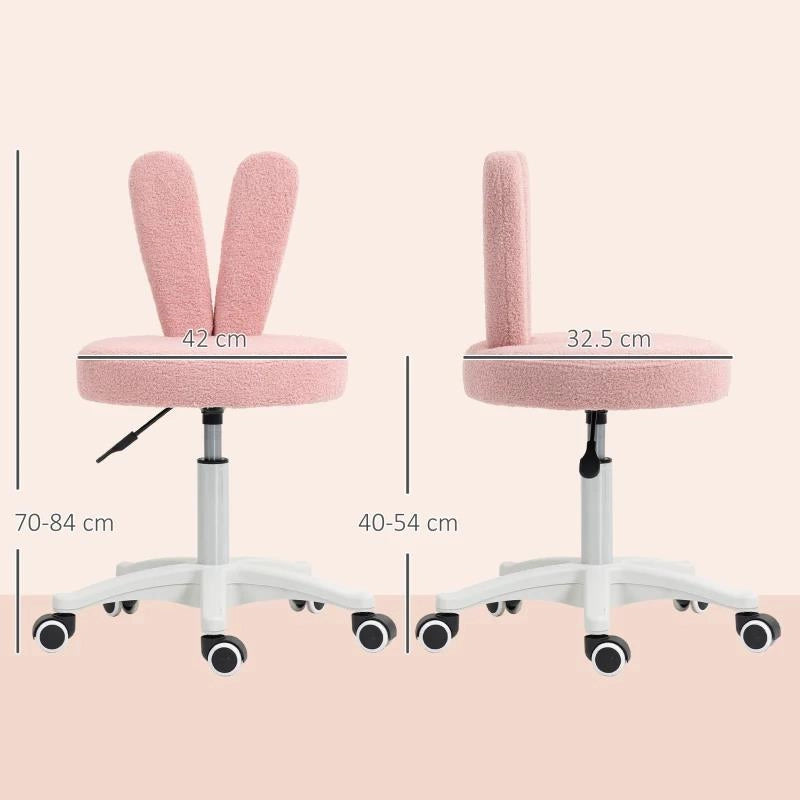 SEDIA DA SCRIVANIA A ORECCHIE DI CONIGLIO AD ALTEZZA REGOLABILE E RIVESTITA IN PILE TEDDY ROSA, 53X53X70-84 CM