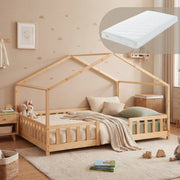 Letto per Cameretta Treviolo a Forma di Casetta in Stile Montessori con Materasso 140x200 cm - Color Naturale [en.casa]