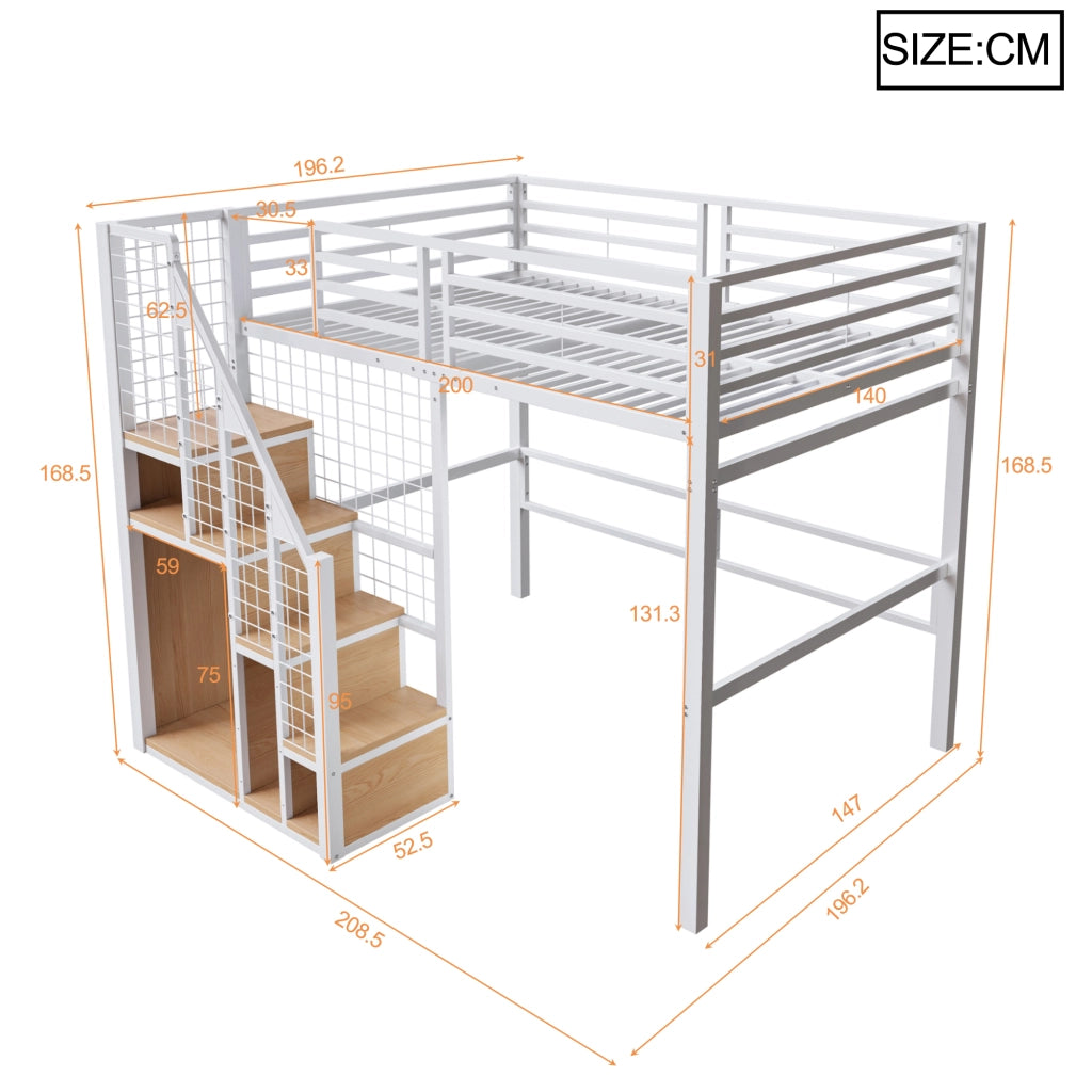 Letto a soppalco 140 × 200 cm con scala, contenitore integrato e barriera alta, senza materasso, in metallo, bianco