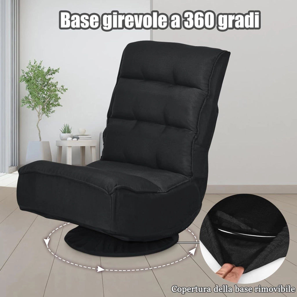 Poltrona Relax da Terra Pieghevole Reclinabile Girevole, Poltrone da Divano per Studio Salotto, con Schienale, Ottima per Rilassarti (Nero)