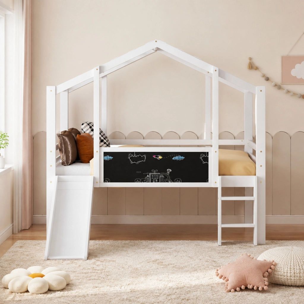 Letto a soppalco per bambini 90x200 cm con scivolo e lavagna