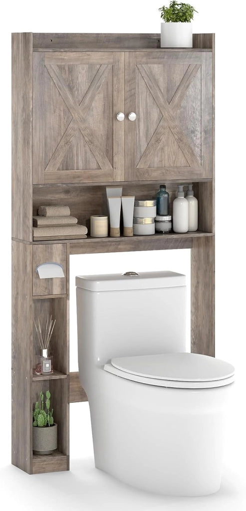 Mobile Sopra Lavatrice da Bagno, Armadietto su WC con Doppie Ante, Porta Carta Igienica e Ripiano Regolabile, Mobile Salvaspazio in Legno per Lavanderia, 81,5 x 19,5 x 172,5 cm (Bianco)