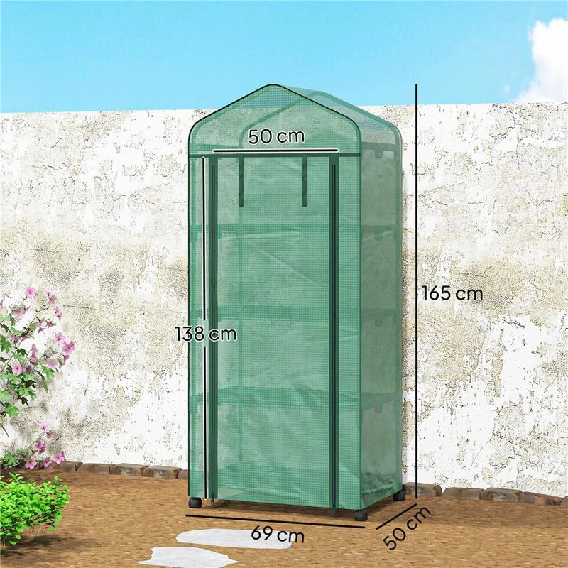 SERRA DA BALCONE A 4 LIVELLI CON 4 ROTELLE E INGRESSO AVVOLGIBILE, IN ACCIAIO E PE, 69X50X165 CM, VERDE