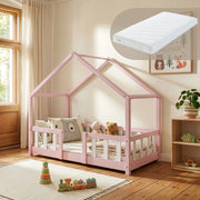 Letto per Cameretta Treviolo a Forma di Casetta in Stile Montessori con Materasso 70x140 cm - Rosa/Bianco [en.casa]
