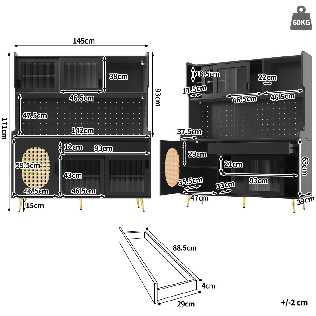 Credenza da Cucina con 5 Ante; LED e Pannello Forato; per Cucina in MDF; 145 x 39 x 171 cm; Nero