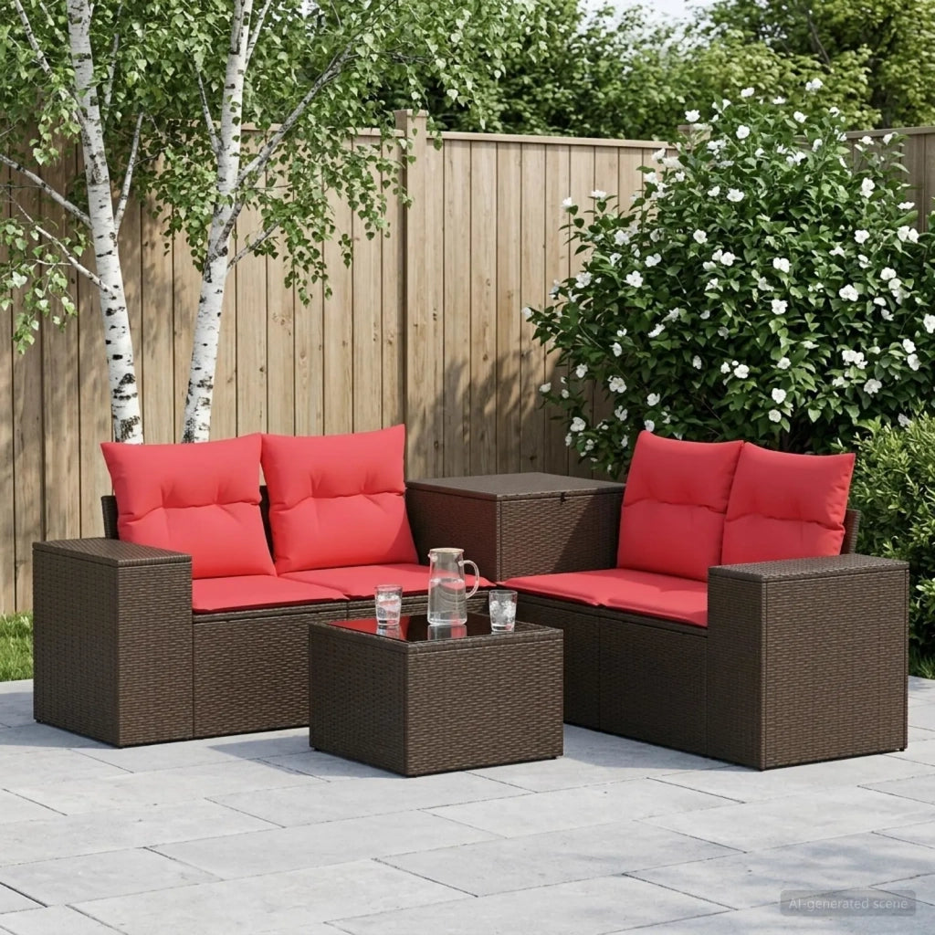 Set di divani 6 pz Marrone e Rosso Rattan sintetico e Acciaio 3447563