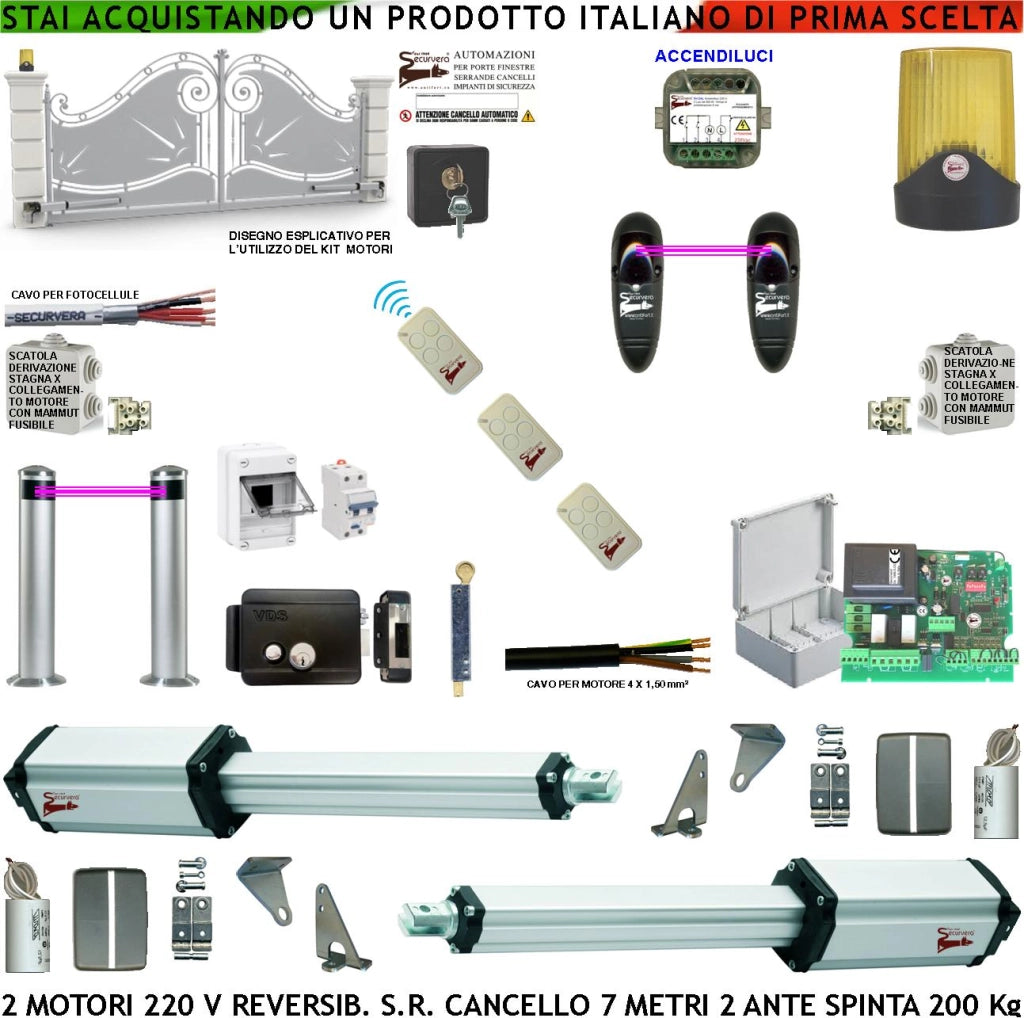 Cancello Automatico 7 MT 2 Ante da 3,5 MT Kit Motori Elettromeccanici Reversibili 230 V Centrale Fotocellule 3 Radiocomandi Salvavita Faro Serratura Paletto Selettore Scatole Fusibili Cavi Accendiluci
