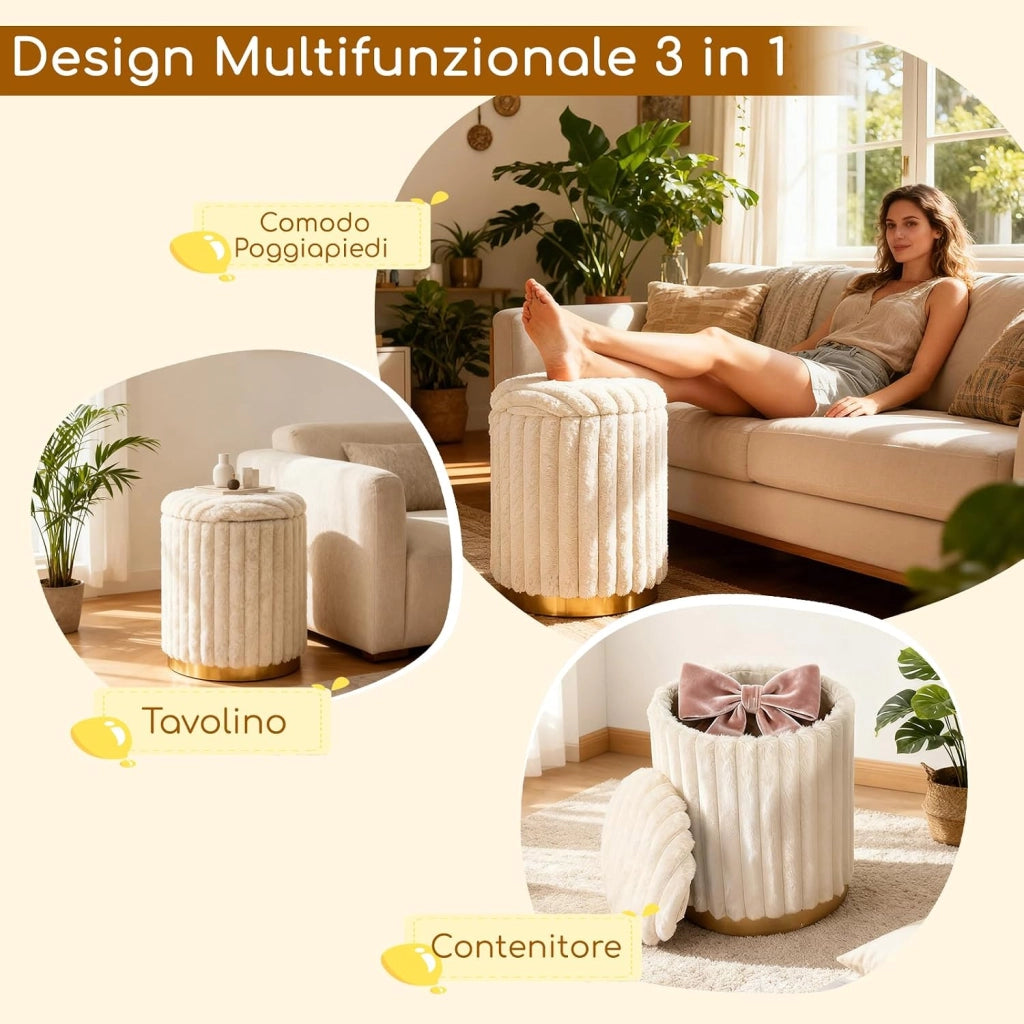 Set di 2 Pouf Contenitori Rotondi, 32L + 21L, Poggiapiedi in Pelo di Coniglio con Coperchi Rimovibili e Scomparti Nascosti, Sgabelli Imbottiti Impilabili per Soggiorno e Camera da Letto