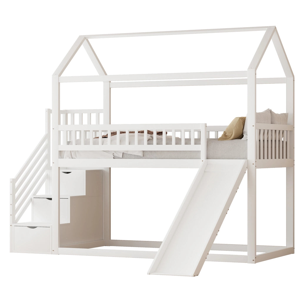Letto a soppalco per bambini 90x200 cm con scivolo e scala contenitore
