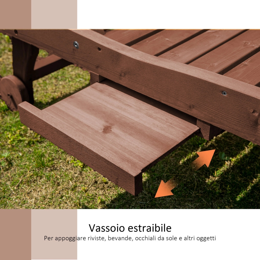 Lettino Prendisole in Legno di Abete con Schienale Regolabile a 3 Posizioni. Lettino Sdraio da Giardino con Ruote e Vassoio Estraibile. 182x60x35cm