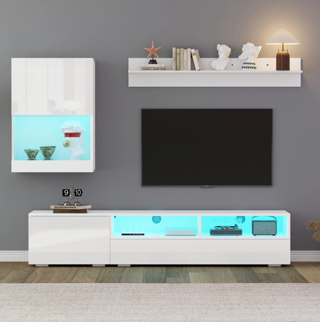 Set parete TV con LED e finitura lucida in truciolare bianco
