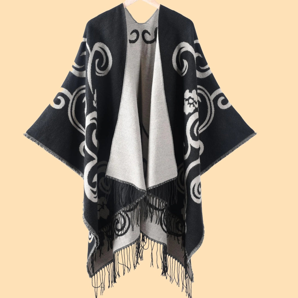 Sciarpa lunga da donna in cashmere con motivo a rombi e nappe, reversibile, spessa, tipo mantello