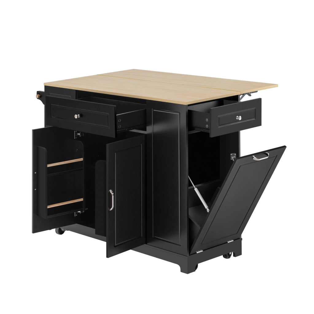 Isola cucina 131.8x40-70x93.3 cm con piano ribaltabile e prese integrate in MDF nero e naturale