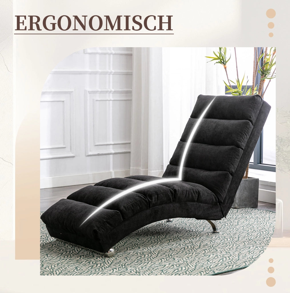 Poltrona chaise longue massaggiante fissa in lino nero con vibrazione e tasca laterale; 55x148x84 cm