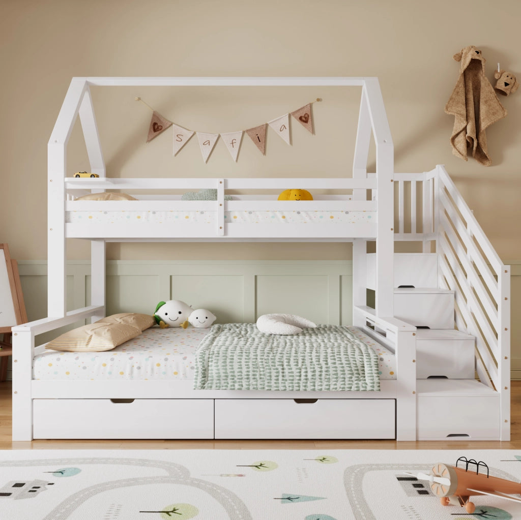 Letto a castello per bambini con scala contenitore e 2 cassetti bianco