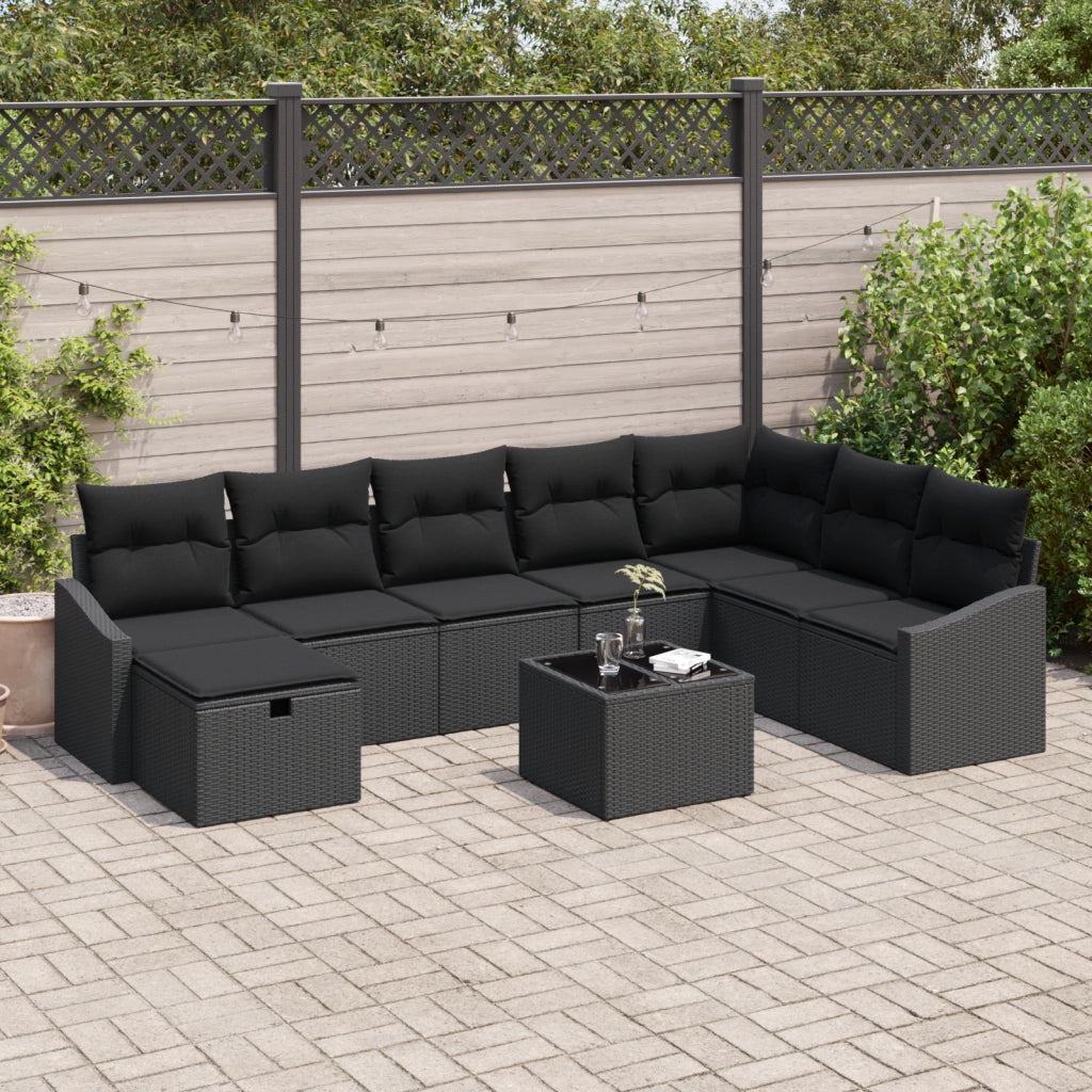 Set divani giardino 9 pezzi con cuscini neri in polirattan