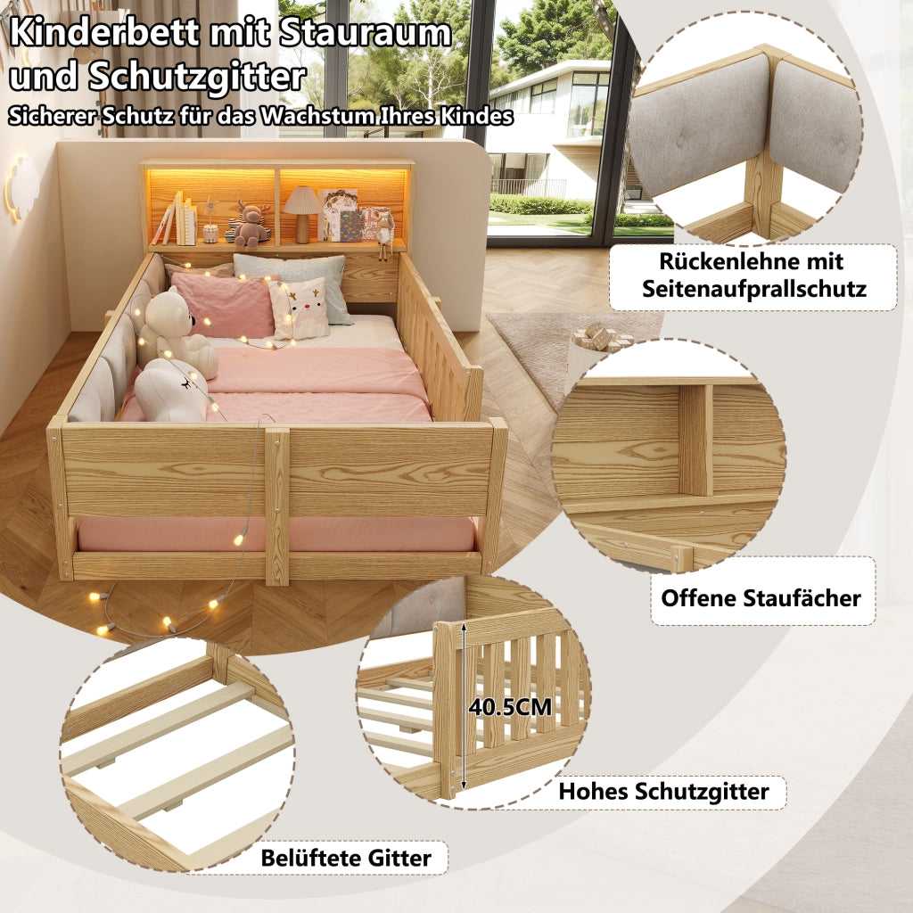 Letto per bambini 90 × 200 cm con barriera, testiera con contenitore e LED, senza materasso, naturale