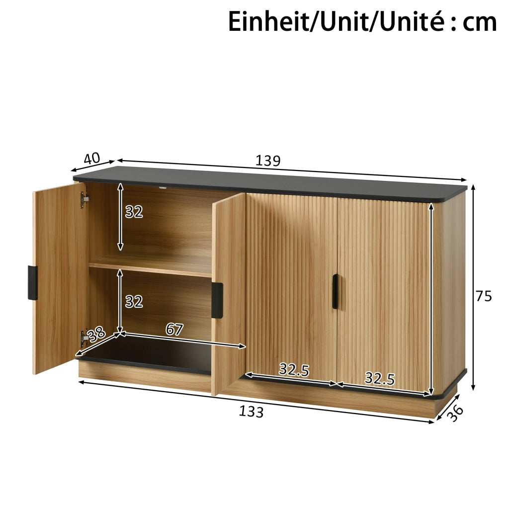 Credenza e madia a 4 ante con finitura effetto legno, maniglie in alluminio, per soggiorno, 139 × 40 × 75 cm