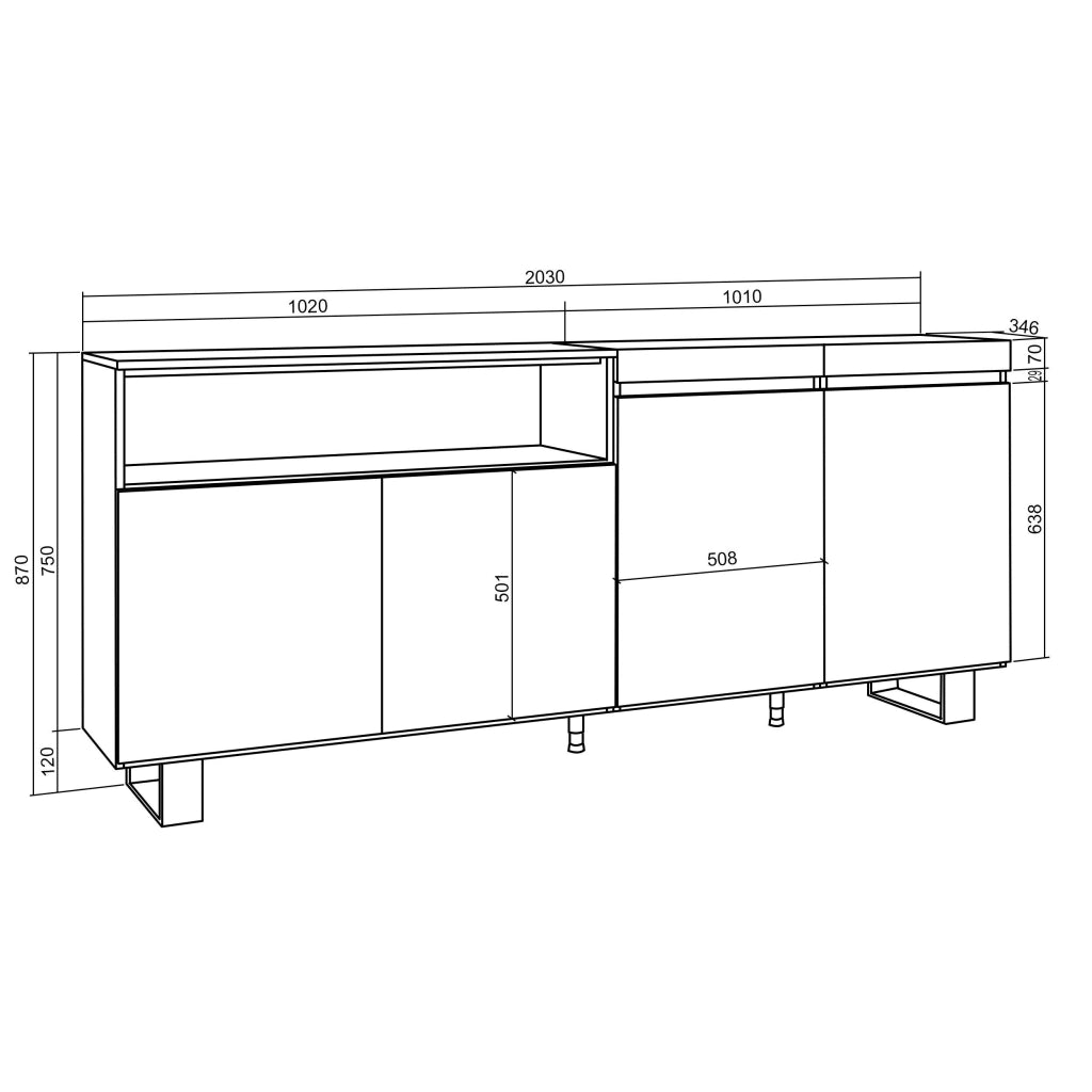Credenza, Mobile, 200x35x87cm, 4 Porte, Design industriale, grigio cemento RF2408