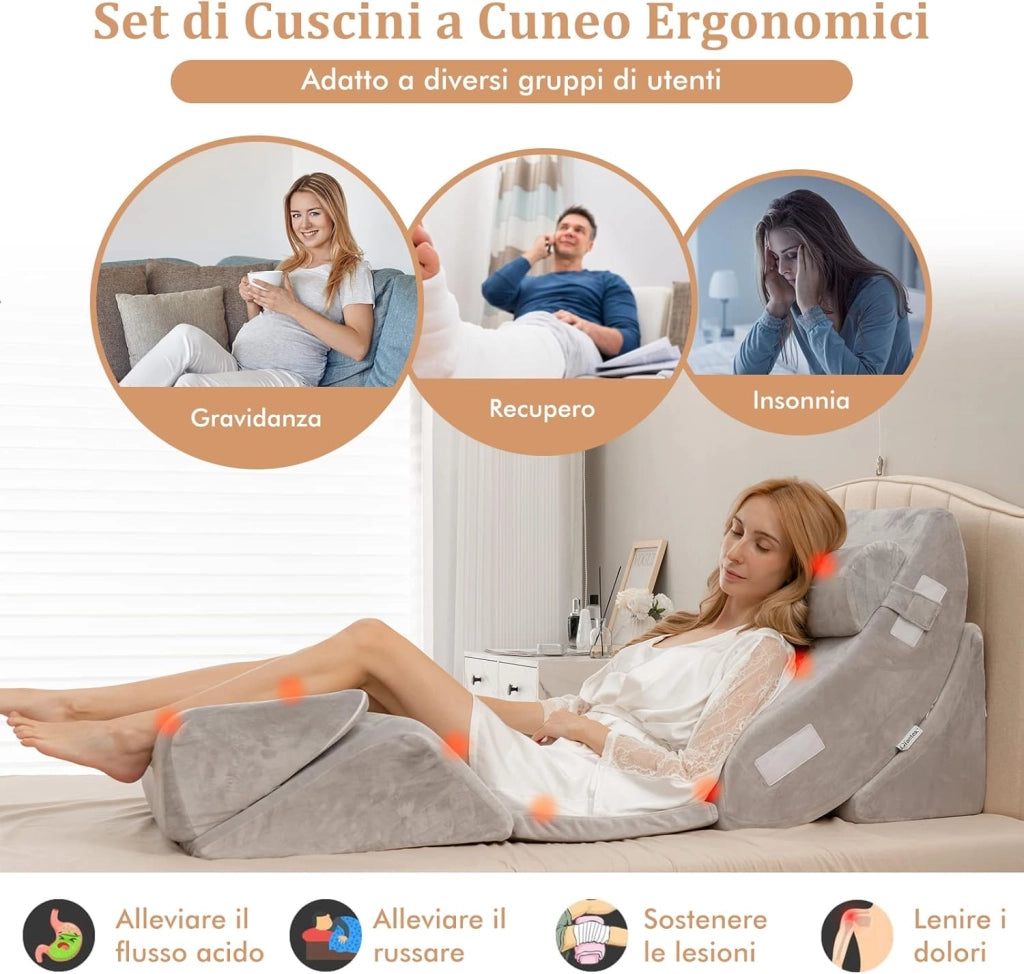 Set di 4/6 Cuscini Regolabili a Cuneo, Cuscino a Cuneo per Letto in Memory Foam, per Alleviare il Dolore alla Schiena Collo e alle Gambe, Poggiatesta Rimovibile, Grigio (6 Pezzi)
