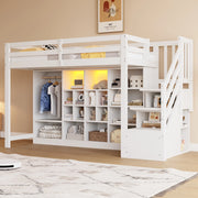 Letto a soppalco 90x200 cm in legno bianco con armadio integrato; ripiani e LED