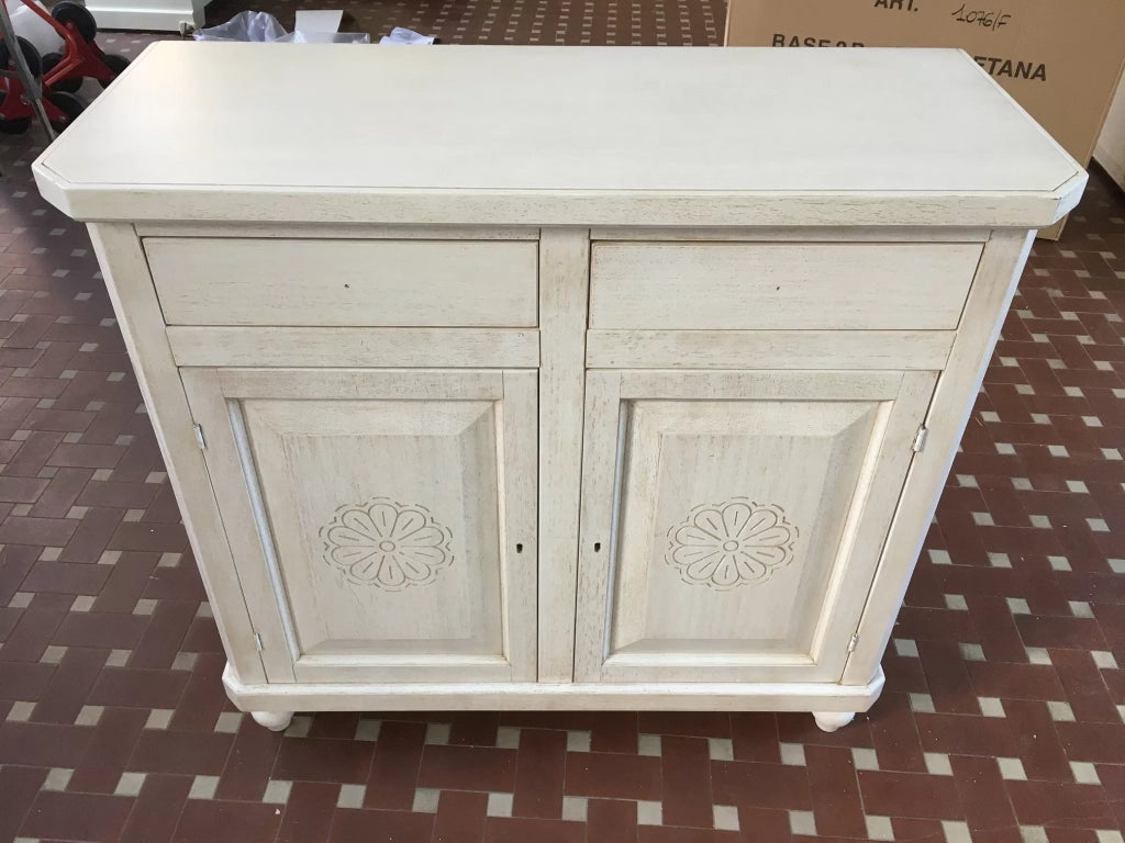 Madia credenza in legno bianco invecchiato e decori l.104 p.43 h.98 - Mobili 2G
