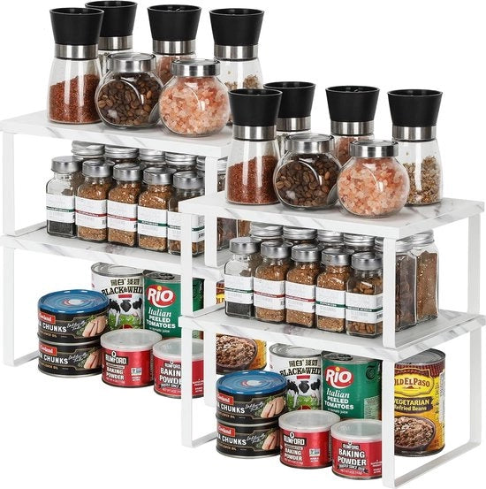 Organizzatore da cucina, set di 4, contenitore da cucina, organizzatore di metallo e materiale di legno, espandibile e sovrapponibile per contenitore di spezie, lattina, tazza (bianco e strutturato)