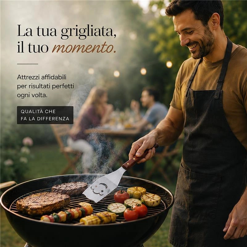GRILL SET DA 4 UTENSILI PER BARBECUE CON MANICO IN LEGNO 52 CM