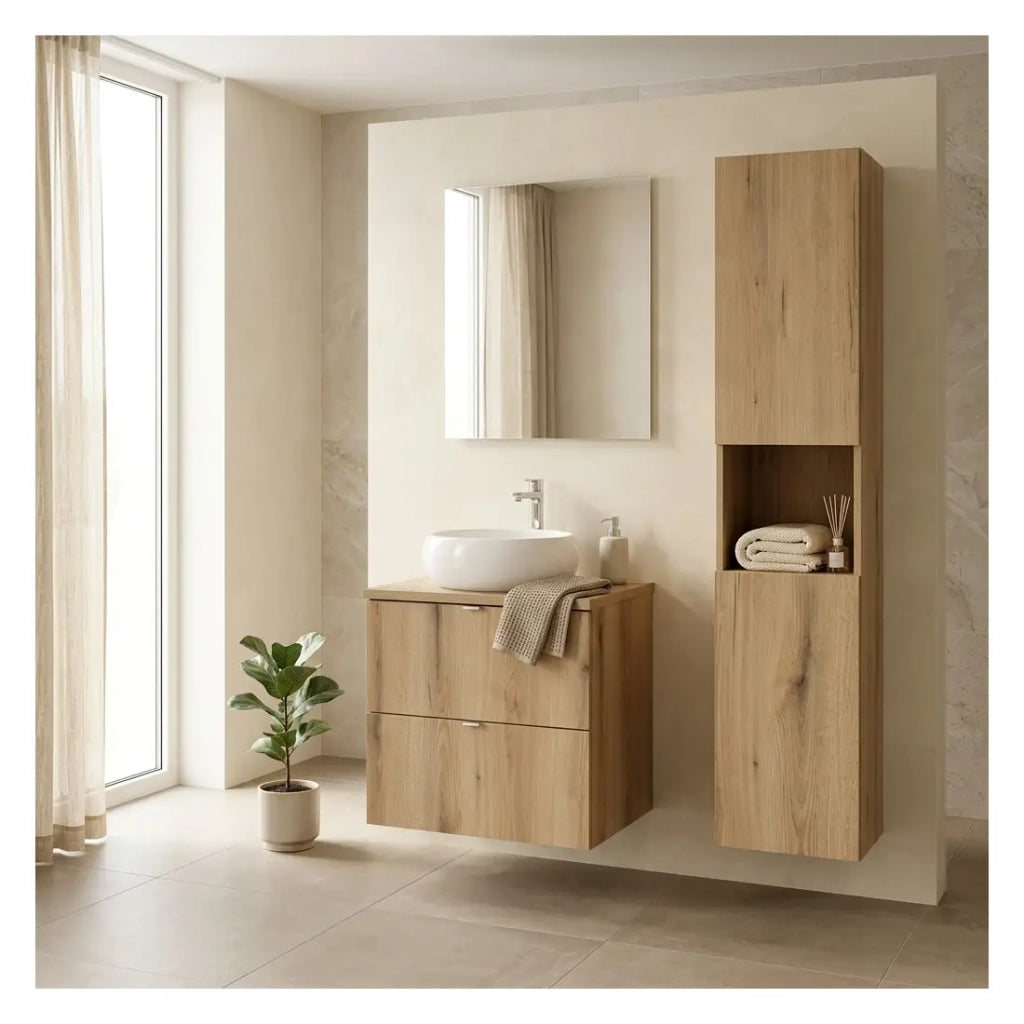 Ensemble VANO in finitura rovere 90cm: mobile sottolavabo con cassetti + piano per lavabo + lavabo da appoggio rotondo bianco + colonna
