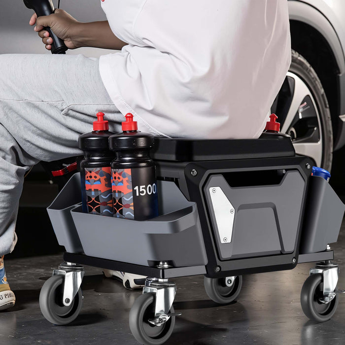 Sgabello da officina con ruote e porta attrezzi, sgabello mobile da meccanico, 120 kg di portata