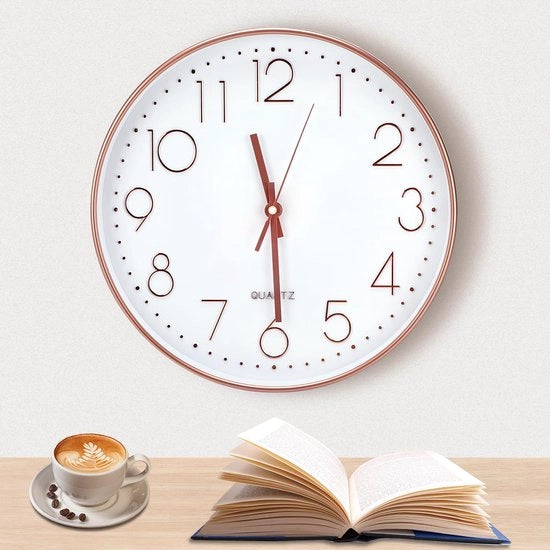 Orologio da parete 30 cm, stile quartz, rotondo, per ufficio, salotto, cucina, scuola, camera dei bambini (rosa oro)