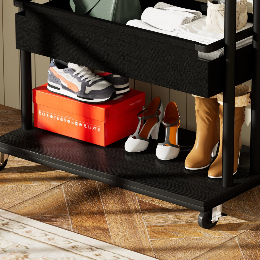 Armadio modulare aperto con vano appendiabiti; specchio e ruote - per ingresso - 70×40×170 cm - nero