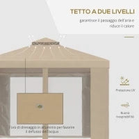 Gazebo da Giardino 3x3m in Metallo con Zanzariera e Tetto a 2 Livelli in Poliestere Cachi