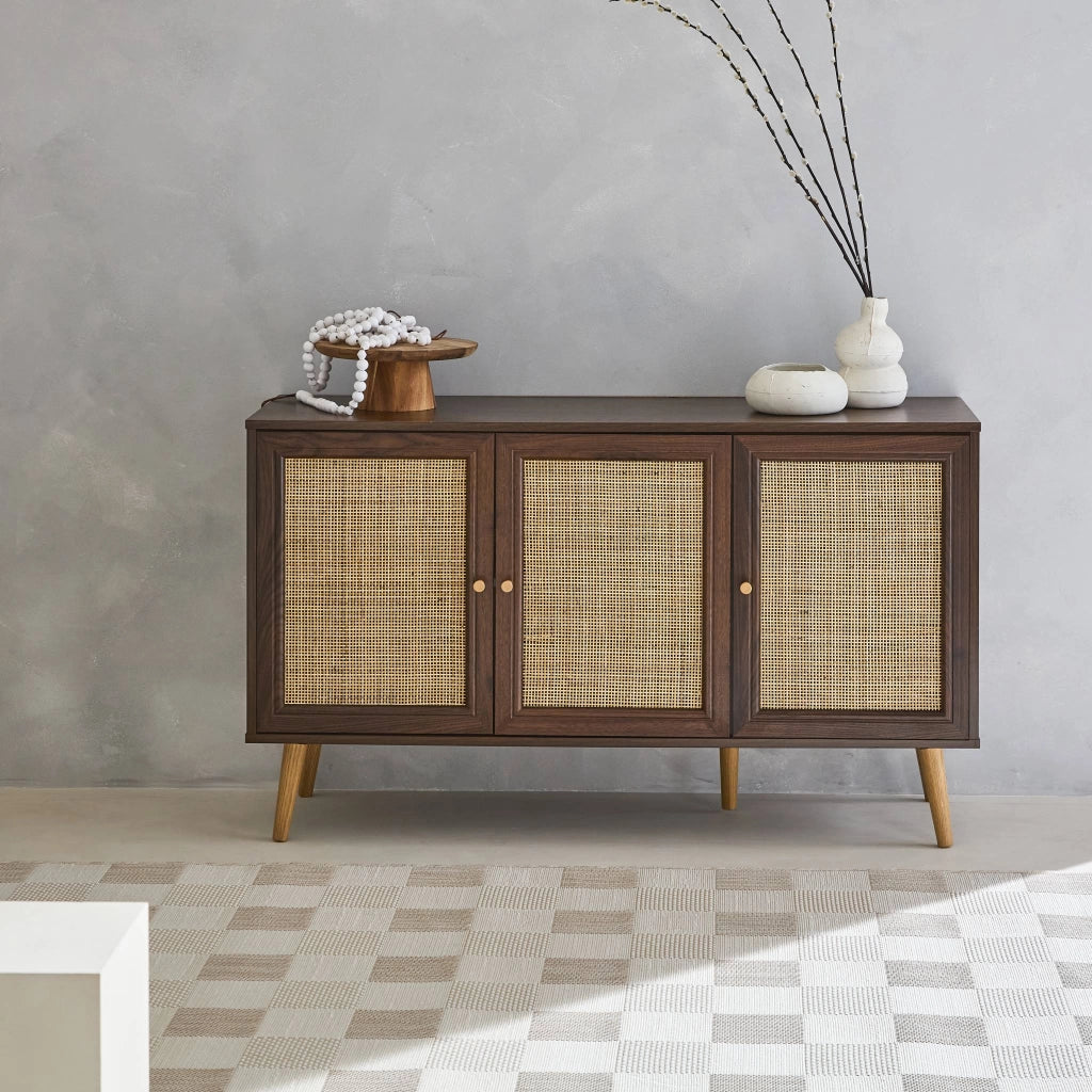 Credenza 3 ante in cannage, 120 cm, marrone scuro