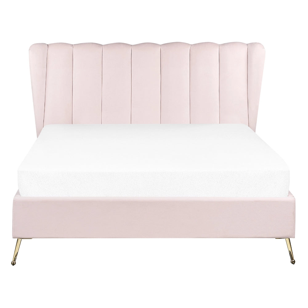 Letto in velluto rosa chiaro rivestito con gambe in metallo dorato UE Dimensioni doppie 140 x 200 cm con testata con porta USB Camera da letto moderna e glam.