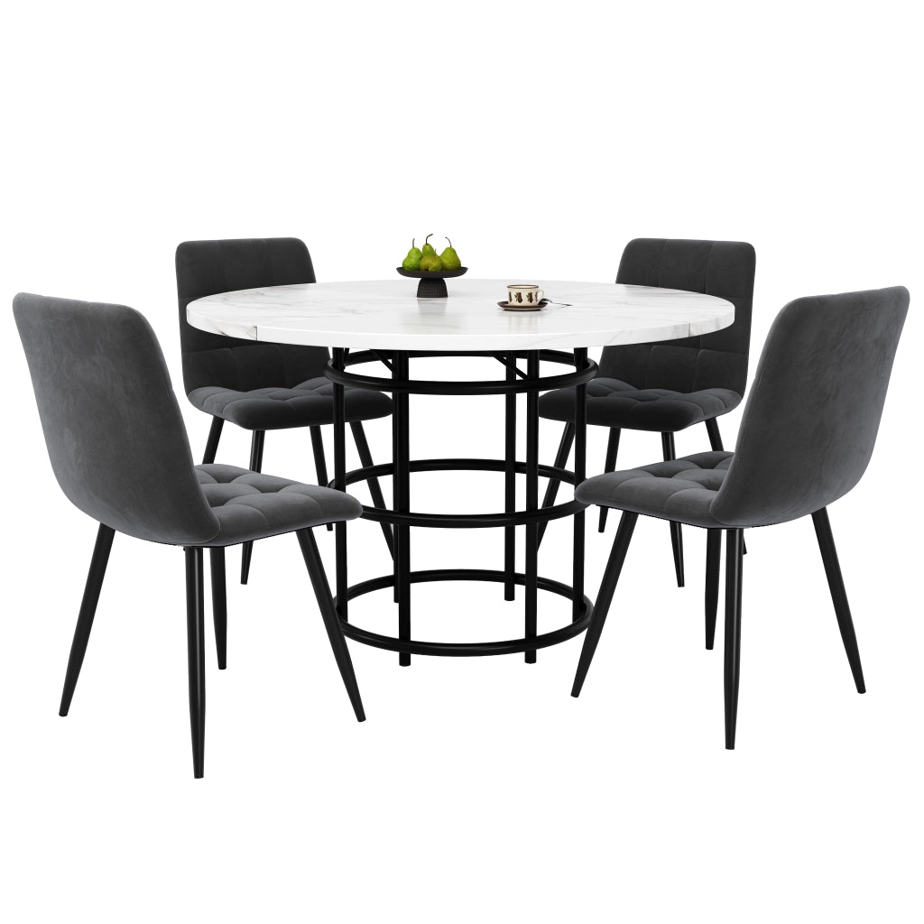 Tavolo da Pranzo Rotondo con 4 Sedie ¨C MINIMAL ¨C Piano MDF Bianco, Seduta Velluto Grigio, ?100cm