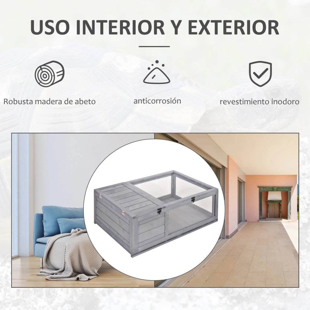 Casetta per Tartarughe Legno Grigio con Tetto a Maglie e Pannelli Laterali Trasparenti Estraibili ¨C zephmum ¨C 91x60.5x32 cm