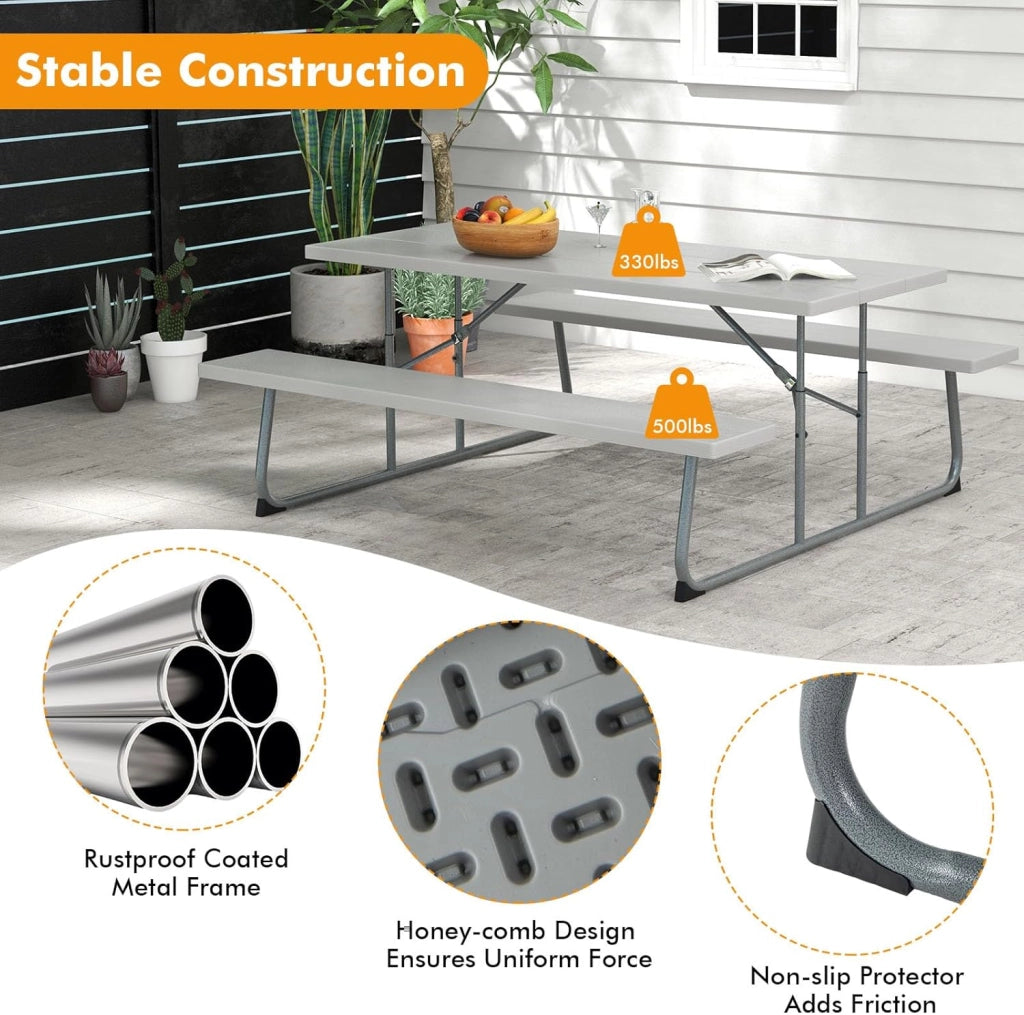 Set tavolo da picnic con panchine, set di mobili da giardino pieghevole per 8 persone con telaio in metallo piano in HDPE, 183 cm foro per ombrellone, grigio