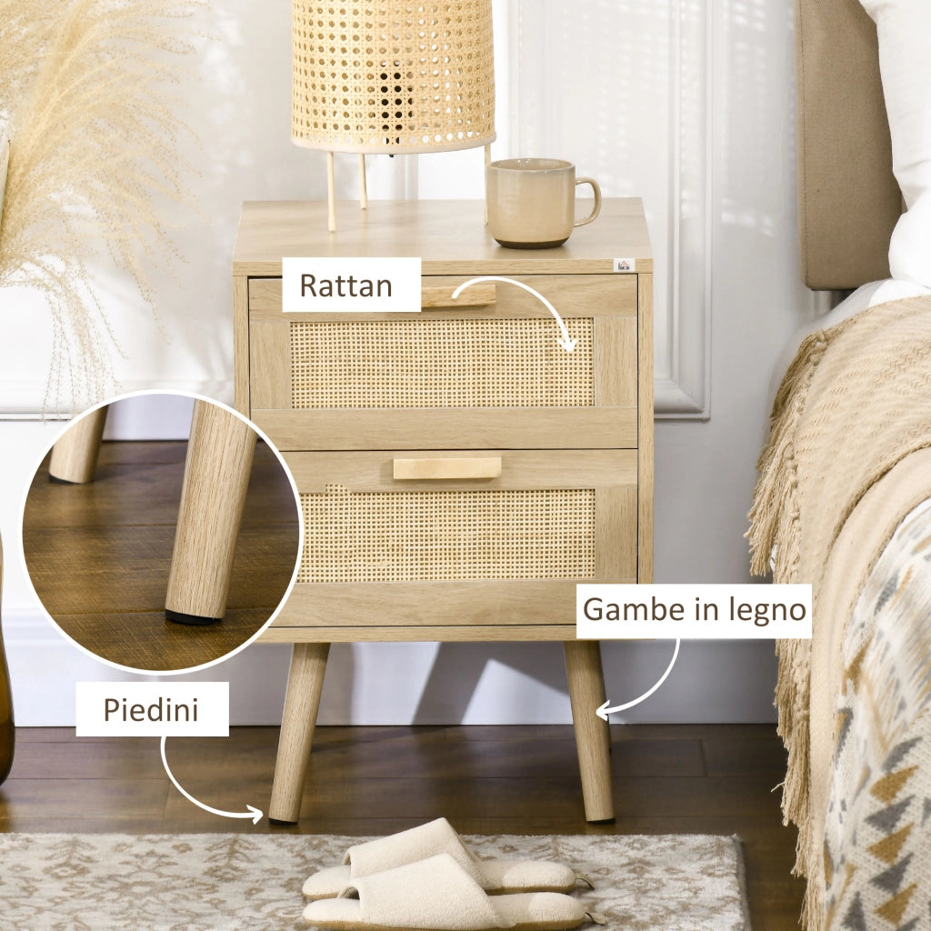 Comodino Boho in Legno Naturale ¨C Xylo ¨C 2 Cassetti, 40x40x56cm
