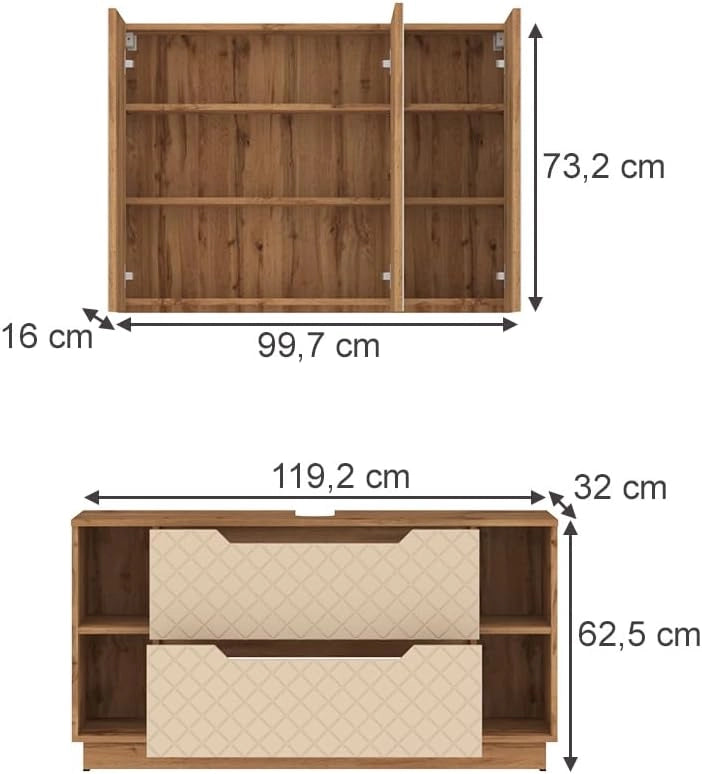 Vicco Set di mobili da bagno Lotta, Rovere/cashmere con struttura in piastrelle, 2 parti