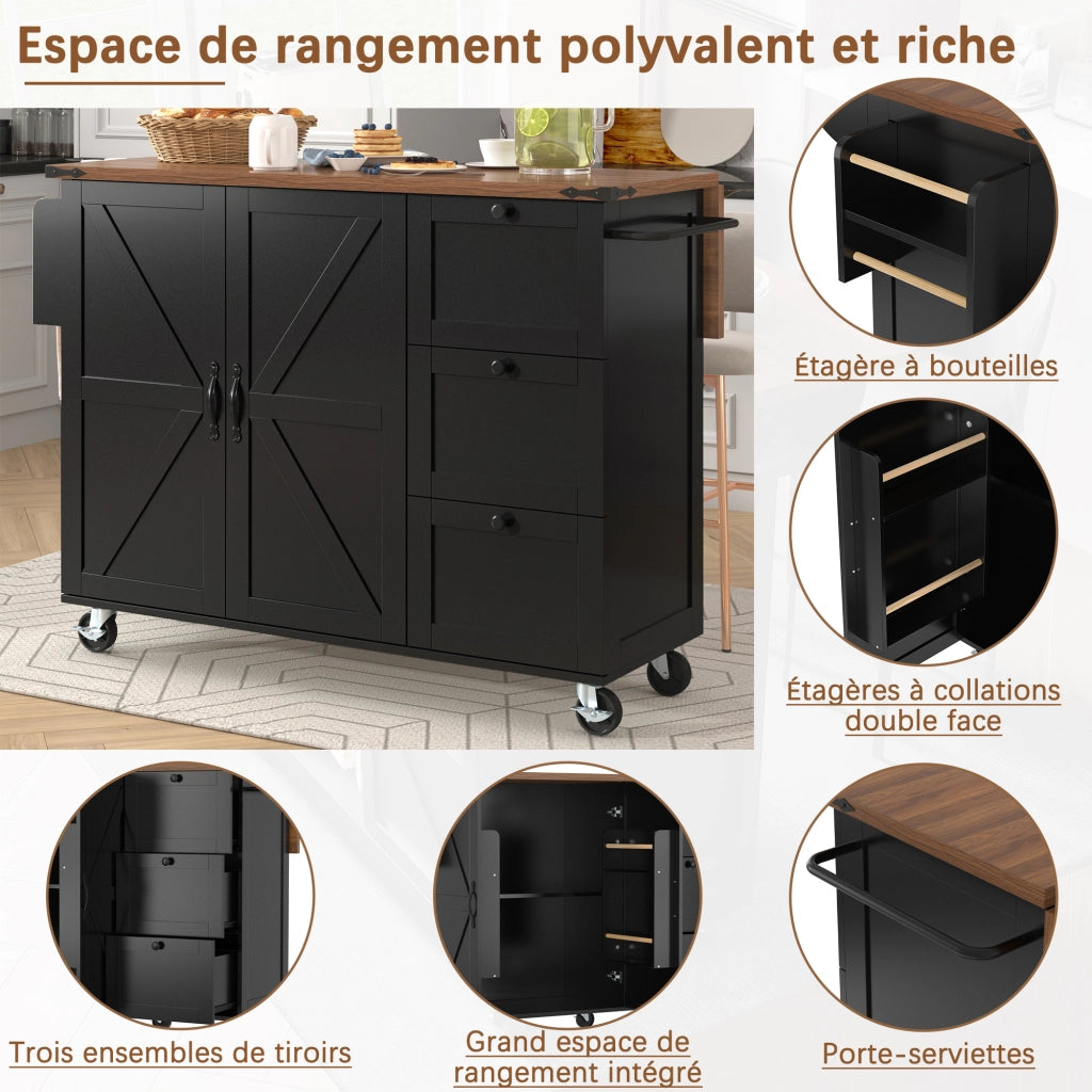 OKWISH Carrello da Cucina con Armadietto e 3 Cassetti, Piano Ribaltabile, Portasciugamani, Nero, 140×45×92.5 cm