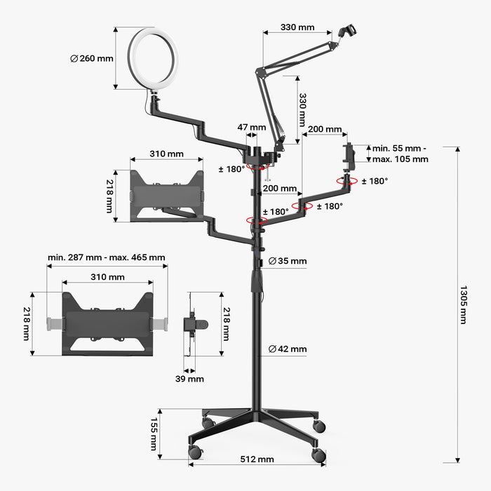 Supporto da terra 4in1 con 1 asta per microfono + 3 bracci articolati per accessori, con morsetto e ring light a 3 modalità, treppiede con rotelle per fotocamera per dirette e live