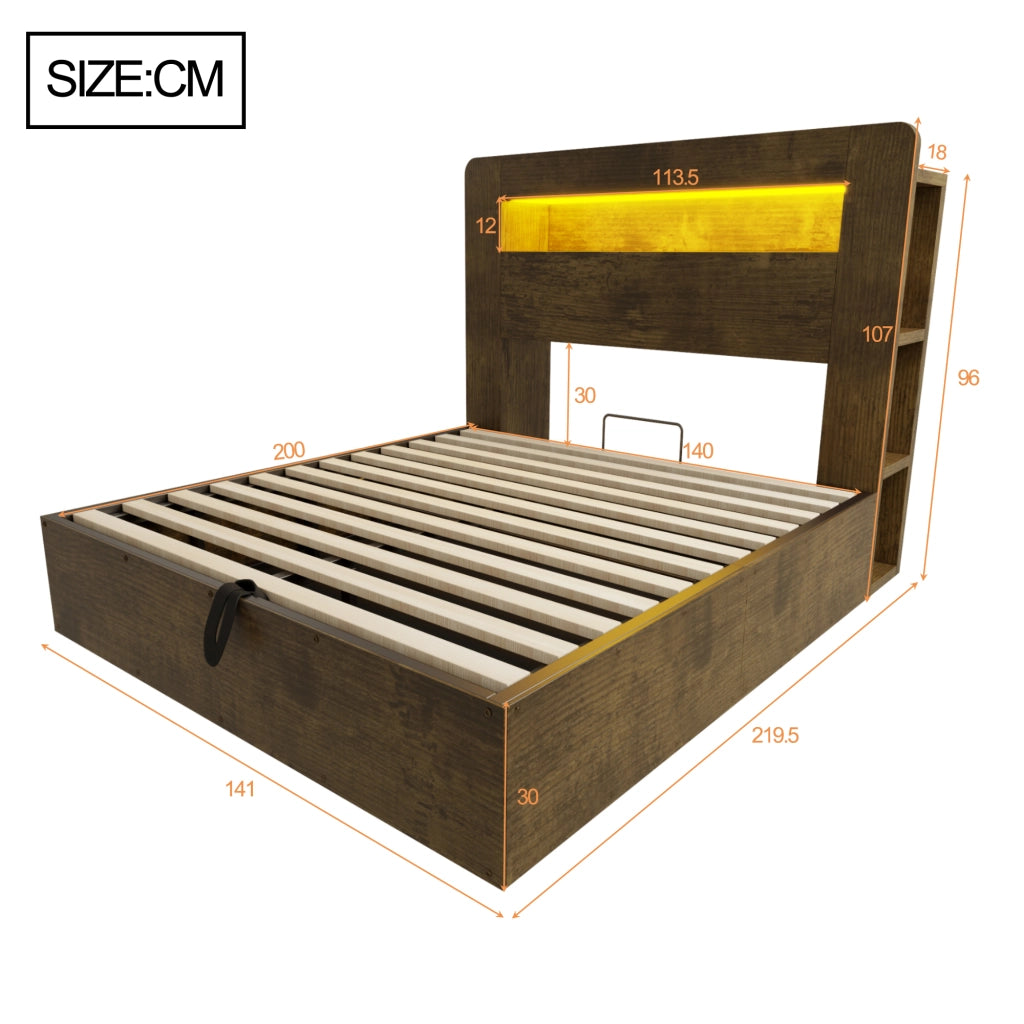 DESMIU Letto contenitore 140 × 200 cm 2 posti con sollevamento idraulico, LED, prese e ripiani, senza materasso, legno