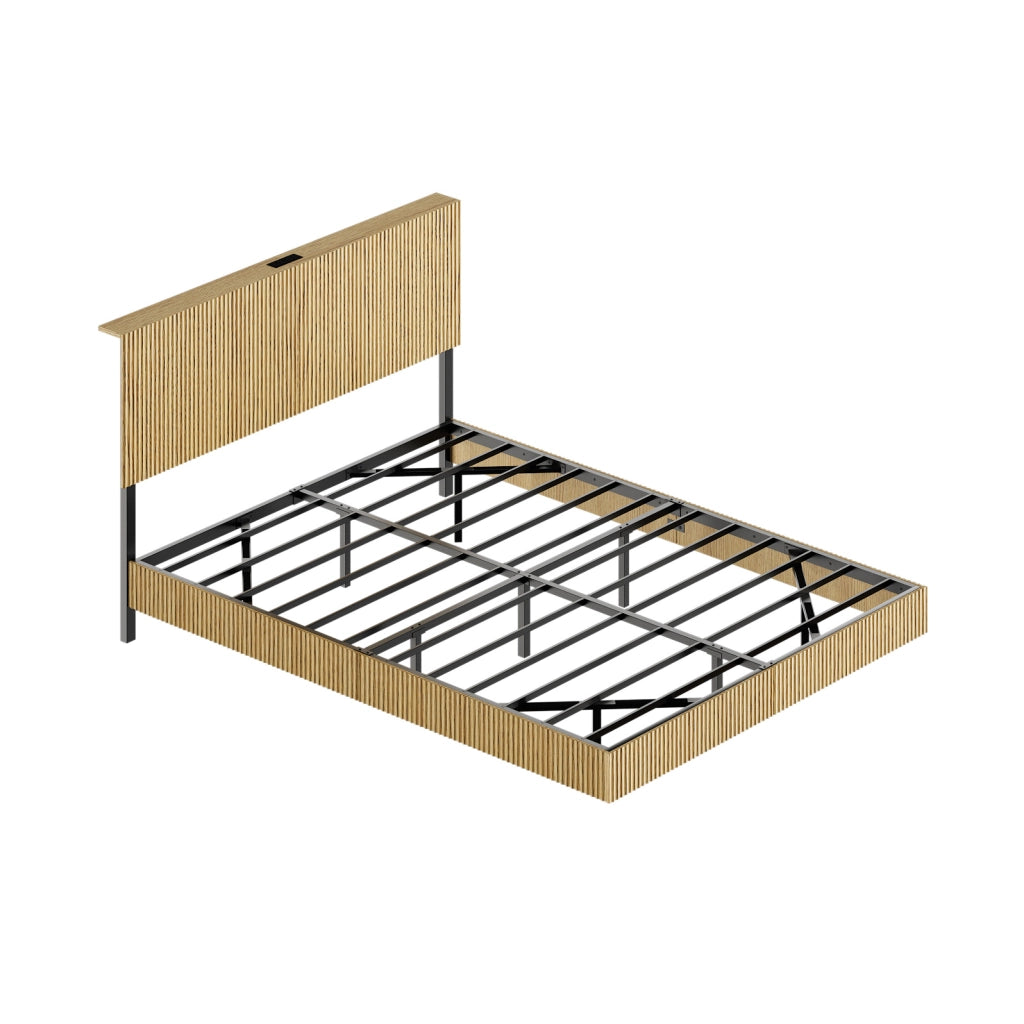 Letto 210.5x144x99.7 cm con design sospeso; testiera con presa e LED RGB; metallo e pannello truciolare; naturale
